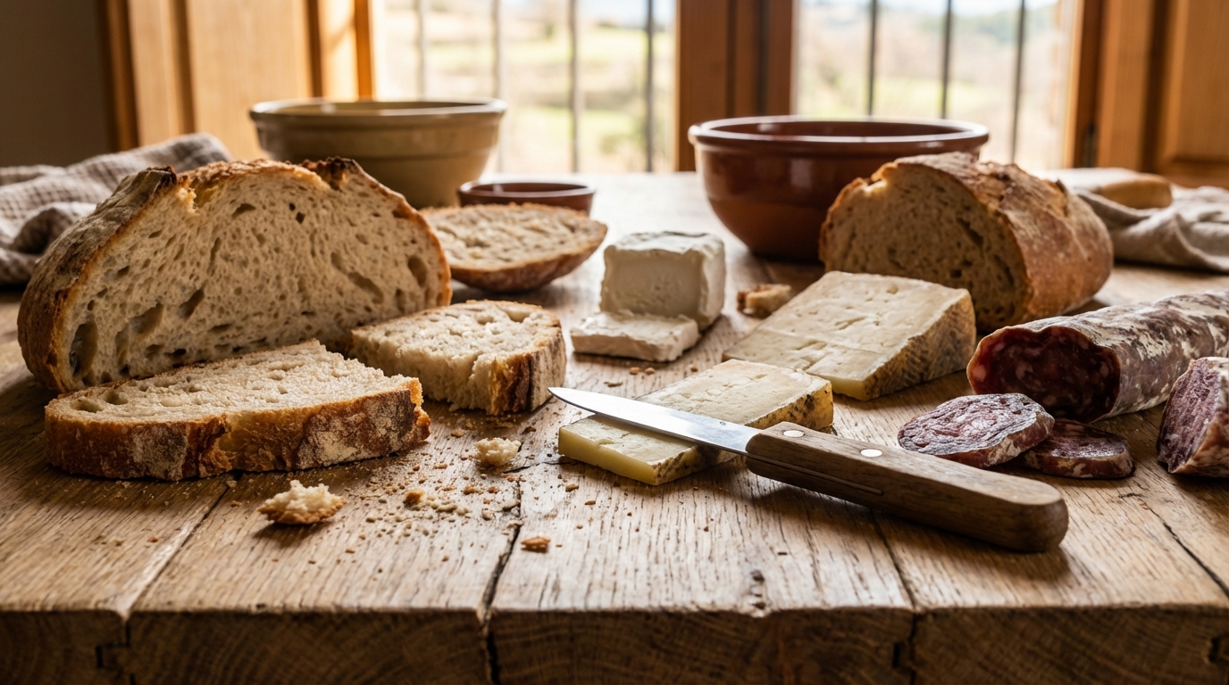 Desdejuni o berenar tradicional, disposat sobre una taula de fusta de roure amb textures molt marcades
