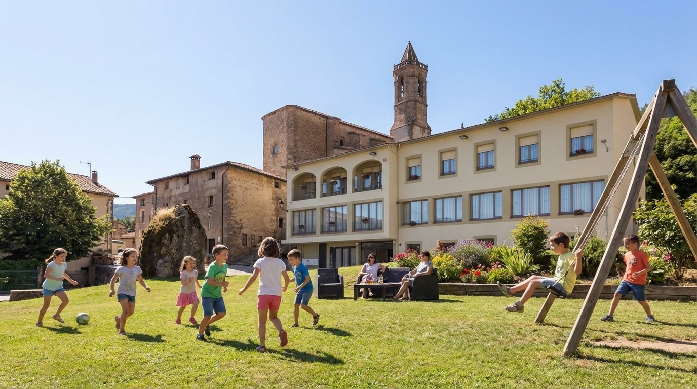 Niños jugando en el jardín de nuestra casa rural para grupos grandes en Girona