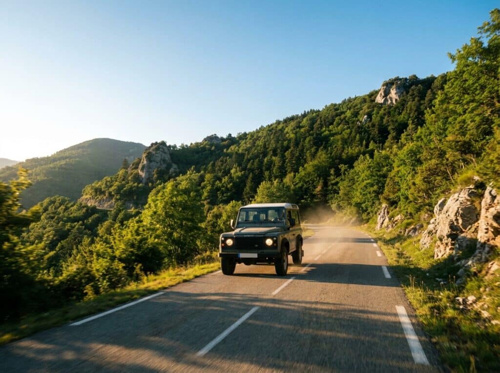 Coche circulando por una carretera de montaña con vistas panorámicas
