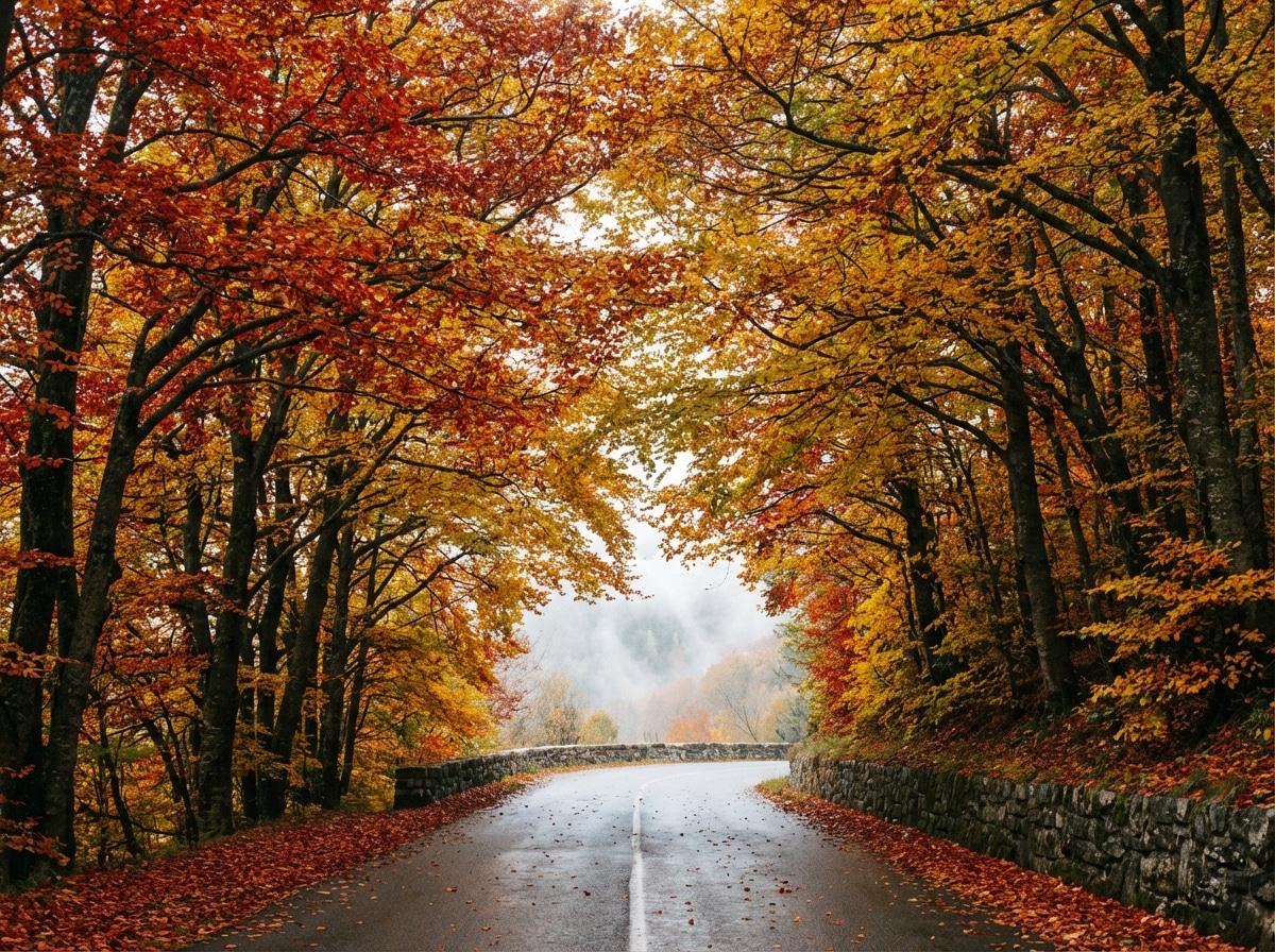 A winding mountain road in autumn, with a dense canopy of red and golden beech leaves arching over the asphalt