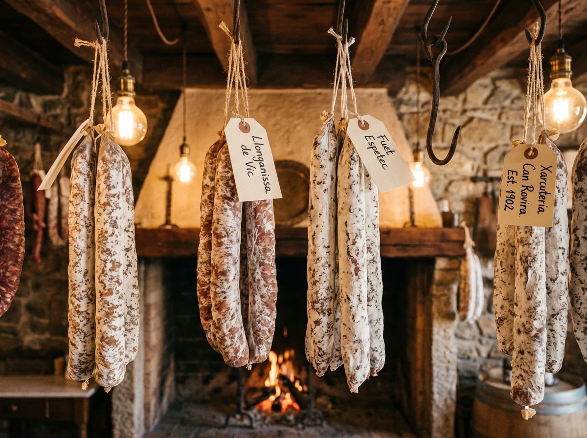 Close-up of traditional Catalan sausages (llonganissa, fuet) hanging in a rustic, artisanal butcher shop
