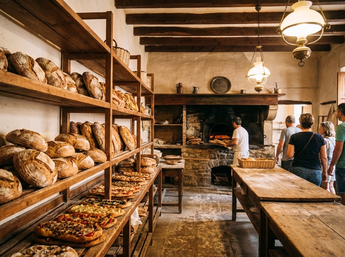 A rustic bakery interior, with freshly baked, crispy artisanal bread